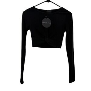 White Fox Shirt Womens XS Black Long Sleeve Top True Bliss Ribbed Crop NWT